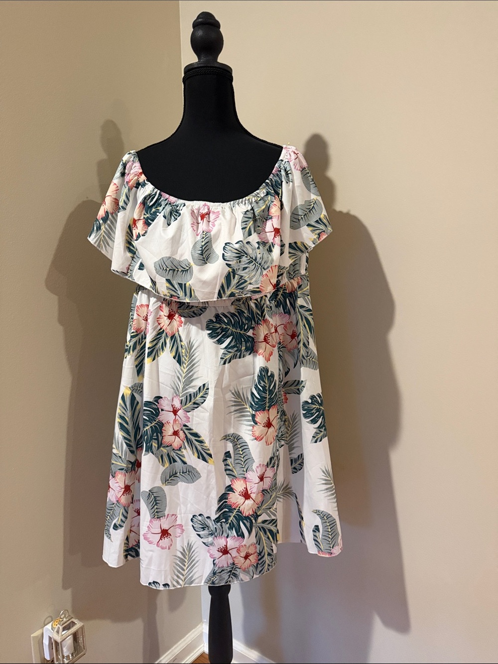 Off-Shoulder White Mini Dress with Pink Tropical Floral Print